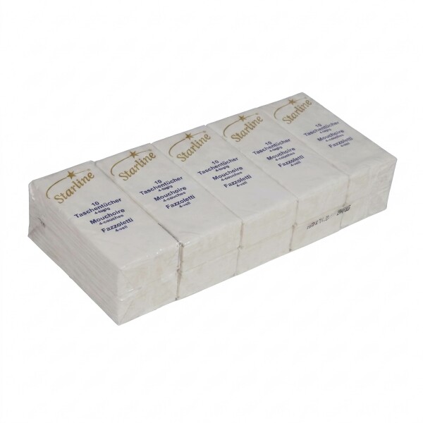 Starline Taschentücher 4-lagig 10er-Pack liegend Starline Taschentücher 4-lagig hochweiss fünf Packungen nebeneinander liegend im 10er-Pack für Gastronomie und Spitäler
