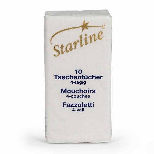 Starline Taschentücher 4-lagig 10 Stück Einzelpackung Starline Taschentücher 4-lagig hochweiss einzelne Packung mit 10 Tüchern für unterwegs in Gastronomie und Praxis