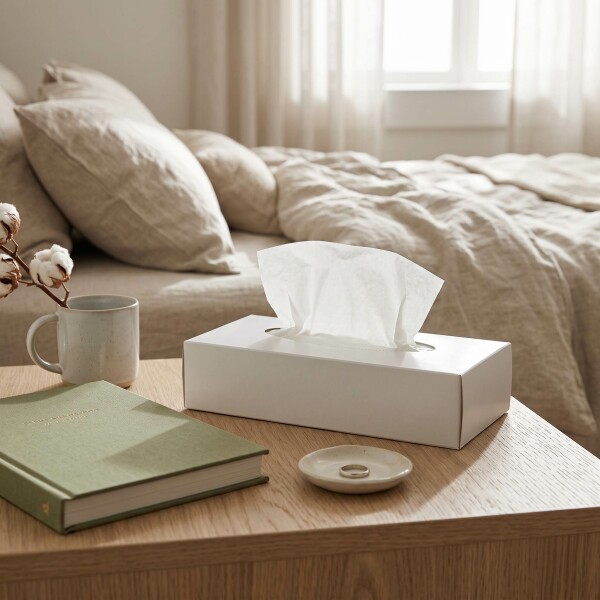 Kosmetiktücher Box im Hotelzimmer auf Nachttisch Kosmetiktücher Box auf Nachttisch im Hotelzimmer neben Buch und Tasse für Wellness und gehobenen Gastgewerbe