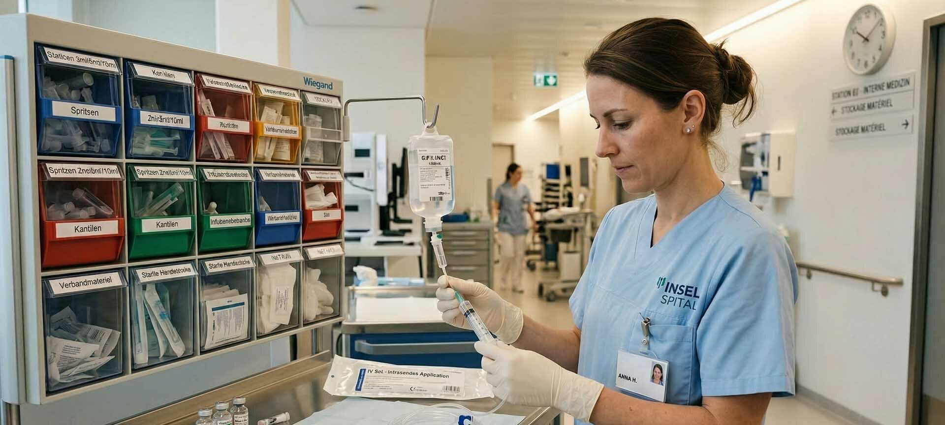 Pflegefachperson bereitet Verbrauchsmaterialien in Schweizer Spital Pflegefachperson bereitet Verbrauchsmaterialien in Schweizer Spital