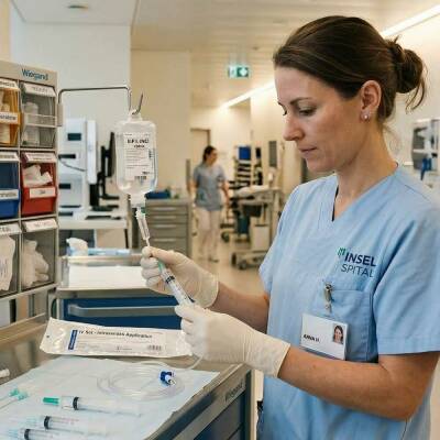 Pflegefachperson bereitet Verbrauchsmaterialien in Schweizer Spital