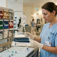 Pflegefachperson bereitet Verbrauchsmaterialien in Schweizer Spital Pflegefachperson bereitet Verbrauchsmaterialien in Schweizer Spital