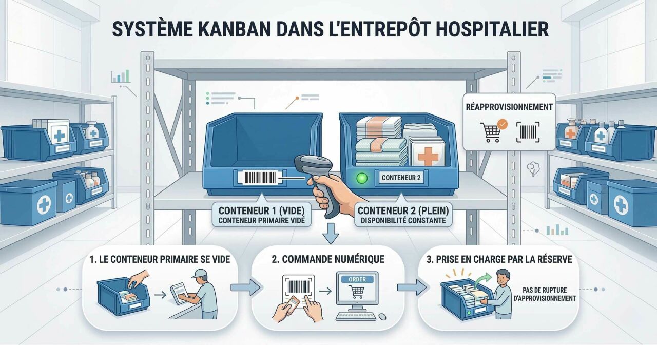 Système Kanban fournitures de consommation hôpital Suisse - logistique de stockage à deux bacs Système Kanban fournitures de consommation hôpital Suisse - logistique de stockage à deux bacs