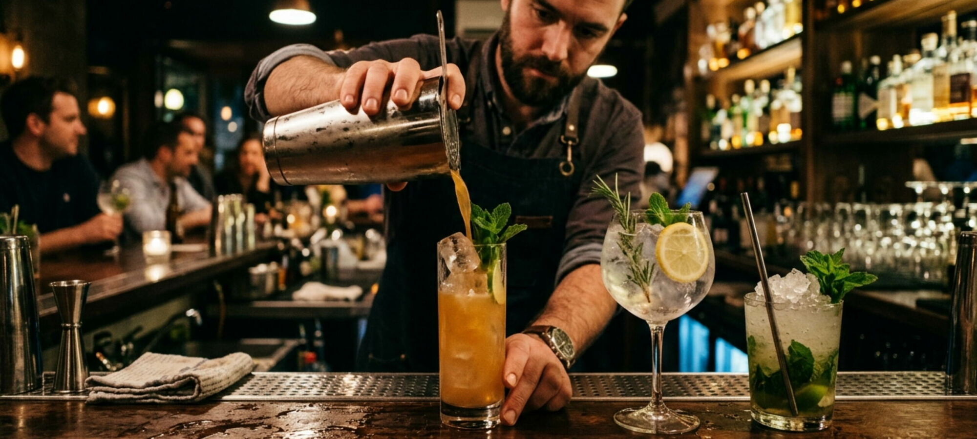 Barkeeper giesst Cocktail ins Longdrink Glas Barkeeper giesst Cocktail aus Shaker in ein hohes Longdrink Glas mit Eis und Minze neben Gin Tonic und Mojito an der Bar