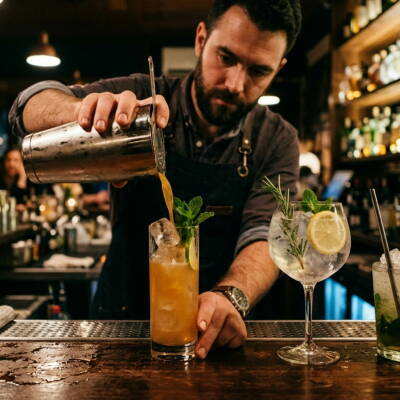 Barkeeper giesst Cocktail ins Longdrink Glas Barkeeper giesst Cocktail ins Longdrink Glas